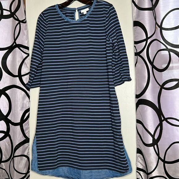 J.Jill Womens Blue Stripe Tencel Collar Hem 3/4 Sleeve Dress Size Medium - Picture 2 of 9